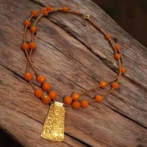 Vtg Sterling 925 Statement 2-Strand Glass Orange Peach Beaded Toggle Necklace